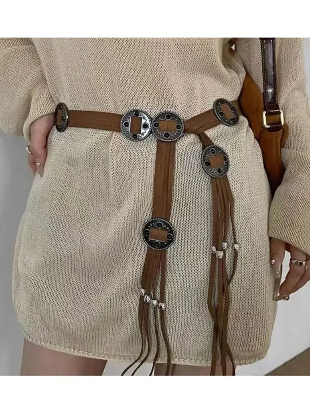 Brown Bohemian Faux Leather Belt With Metal Accents & Tassels - Adjustable